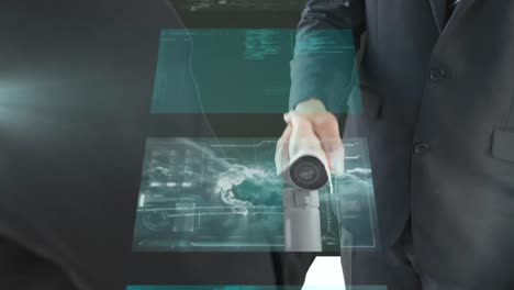 Animation of portraits of screens with data processing over business handshake