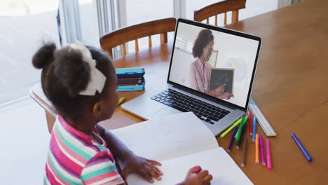 African american girl sitting at desk using laptop having online school lesson