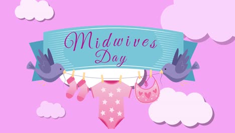 animación del día de las parteras y cinta con ropa de bebé y pájaros sobre fondo rosa con nubes