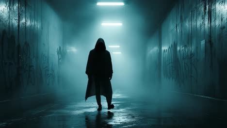 mysterious figure in hooded cloak walks through foggy corridor with illuminated ceiling lights