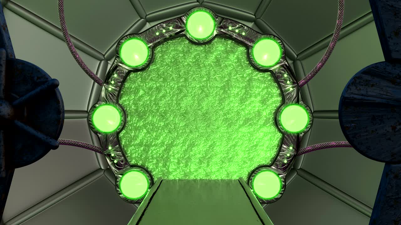la escotilla oxidada de hierro abre una vista panorámica a la escena del paisaje de la nave espacial. fondo abstracto 3d de corredor de ciencia ficción con portal. tecnología futurista abstracto vj para títulos tecnológicos y fondo.