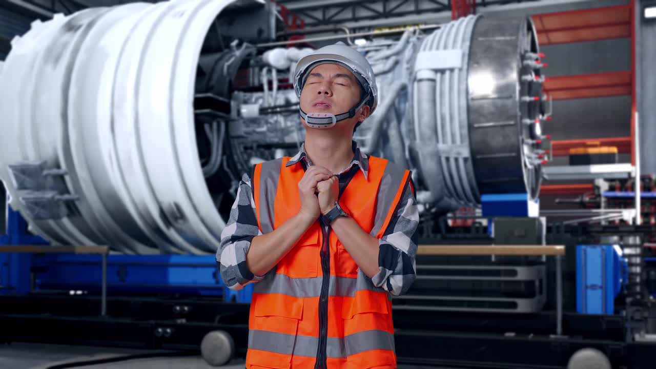 Asian Male Engineer With Safety Helmet Pray For Something While Standing With Airplane Engine Maintenance Conducted, Analytics Checking the Turbine