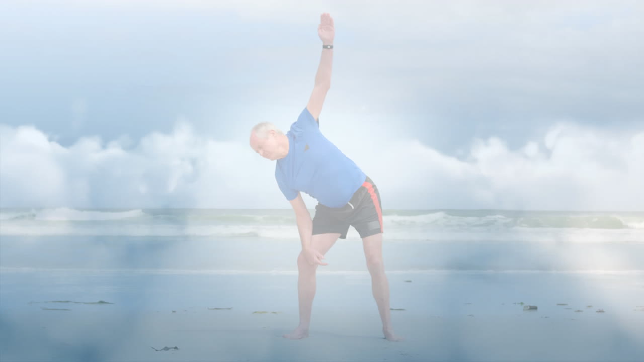 바다에서 운동하는 노인의 초상화 위에 반이는 빛의 애니메이션