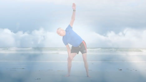 animation of glowing light over portrait of senior man exercising by sea