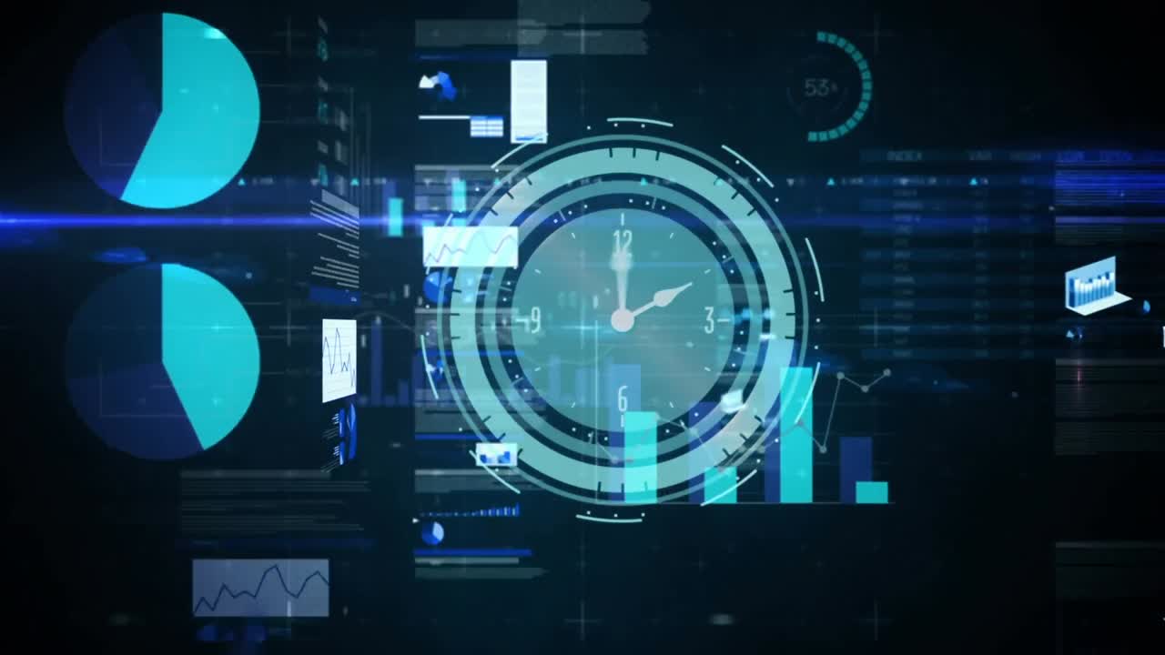 Animation of clock moving fast over statistics and financial data processing