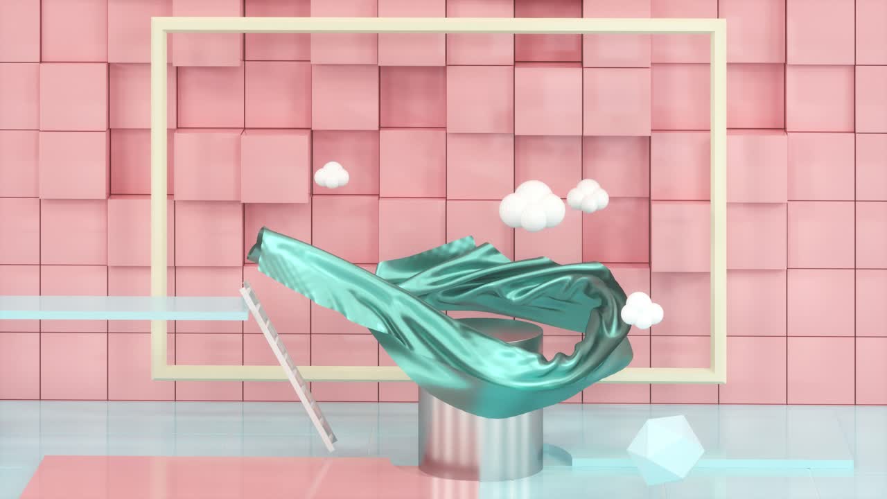 만화실의 많은 기하학, 떠다니는 구름, 3d 렌더링.