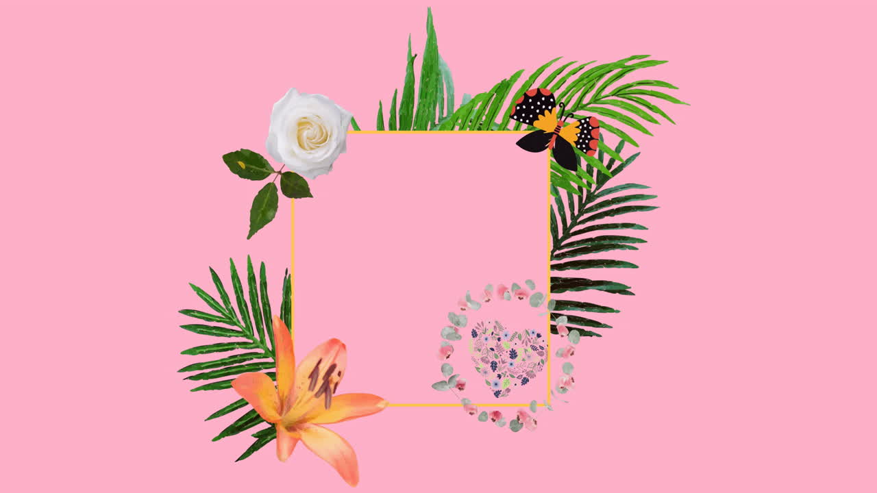 Animazione del testo 'saldi' in una cornice su una macchia luminosa e fiori su sfondo rosa.