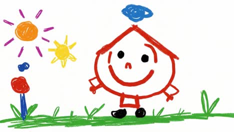 cheerful childlike drawing of a smiling character with a house, bright sun, flowers, and green grass in a simple, colorful landscape