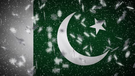 pakistan flag falling snow loopable, new year and christmas background, loop