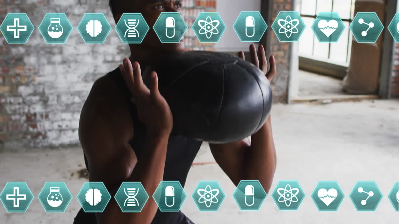 animación de iconos médicos moviéndose sobre el hombre haciendo abdominales con la pelota, haciendo ejercicio en el gimnasio