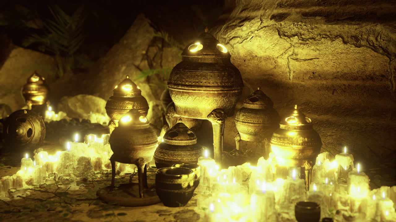 동굴 에서 부드러운 불 으로 조명 된 고대 도자기 컬렉션