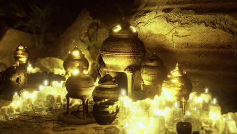 colección de cerámica antigua iluminada por la luz de una vela suave en una cueva