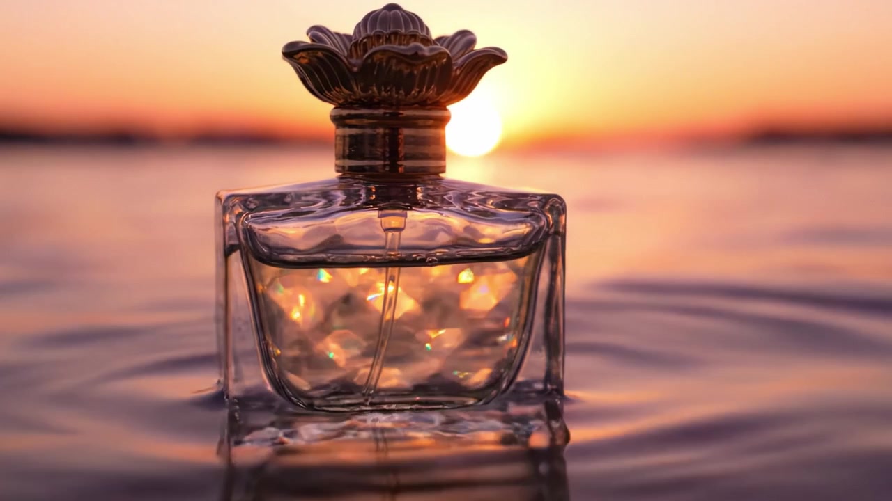 Un'affascinante bottiglia di profumo immersa nel bagliore del tramonto, che riflette ambre luminose e le acque tranquille della sera, evocando serenità ed eleganza.