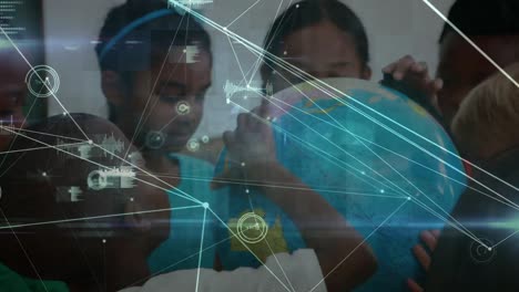 Animation-of-network-of-connections-over-diverse-school-children-with-globe