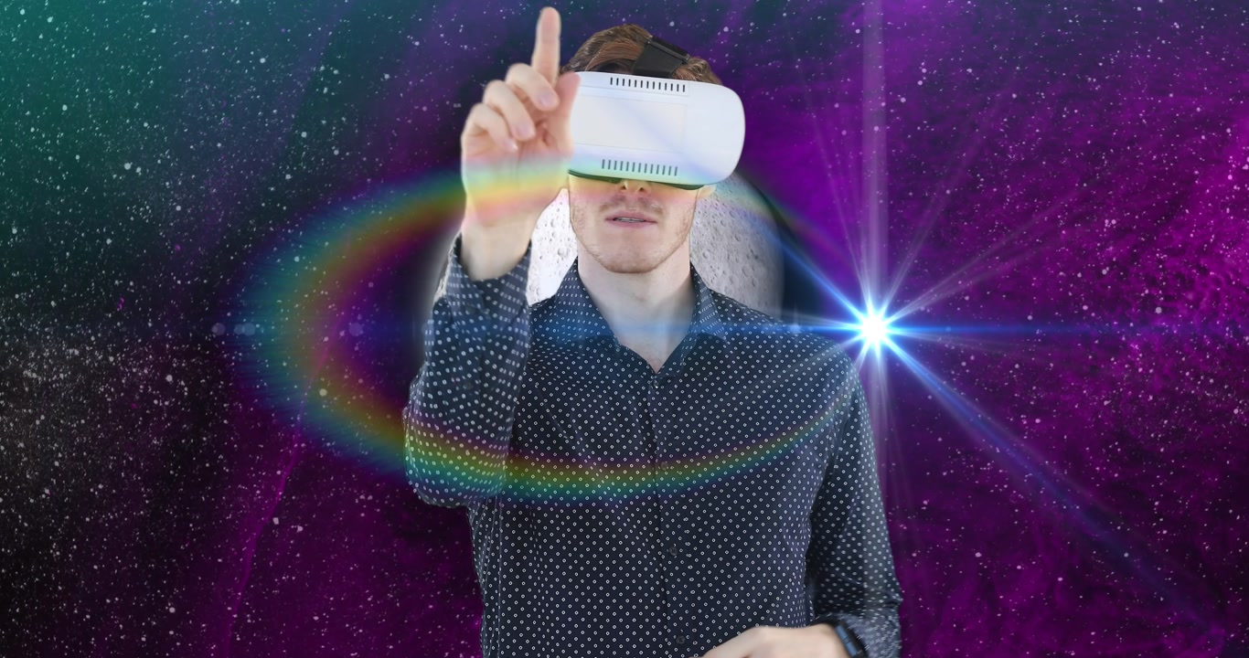 Animation of moon and space over caucasian man using vr headset