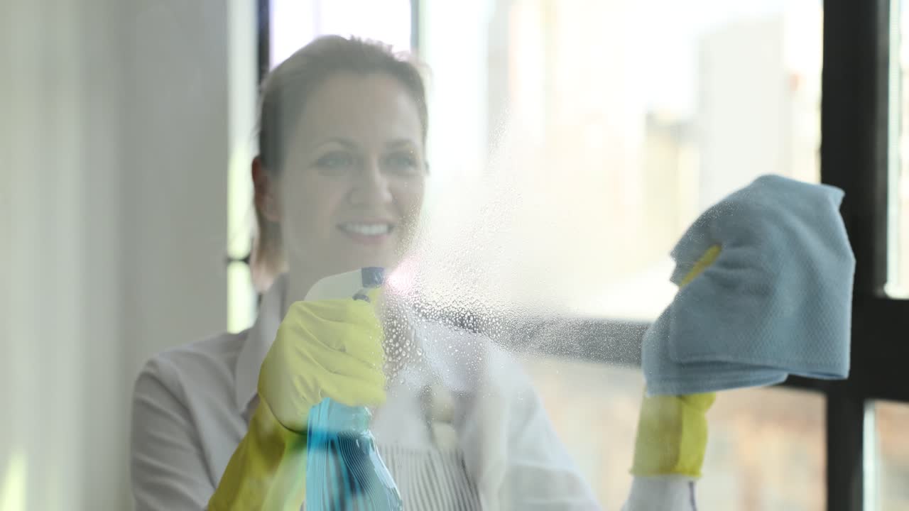 mujer limpiando ventanas
