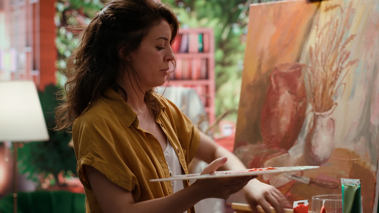 Donna che dipinge una natura morta in uno studio d'arte