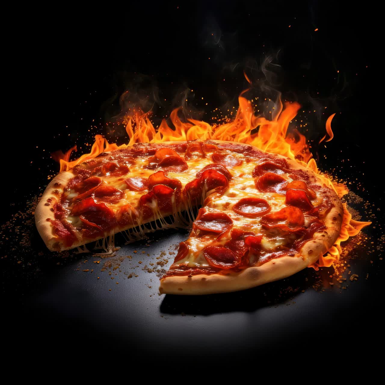Dramatic low-angle shot of a pepperoni pizza surrounded by flames, creating a fiery and intense