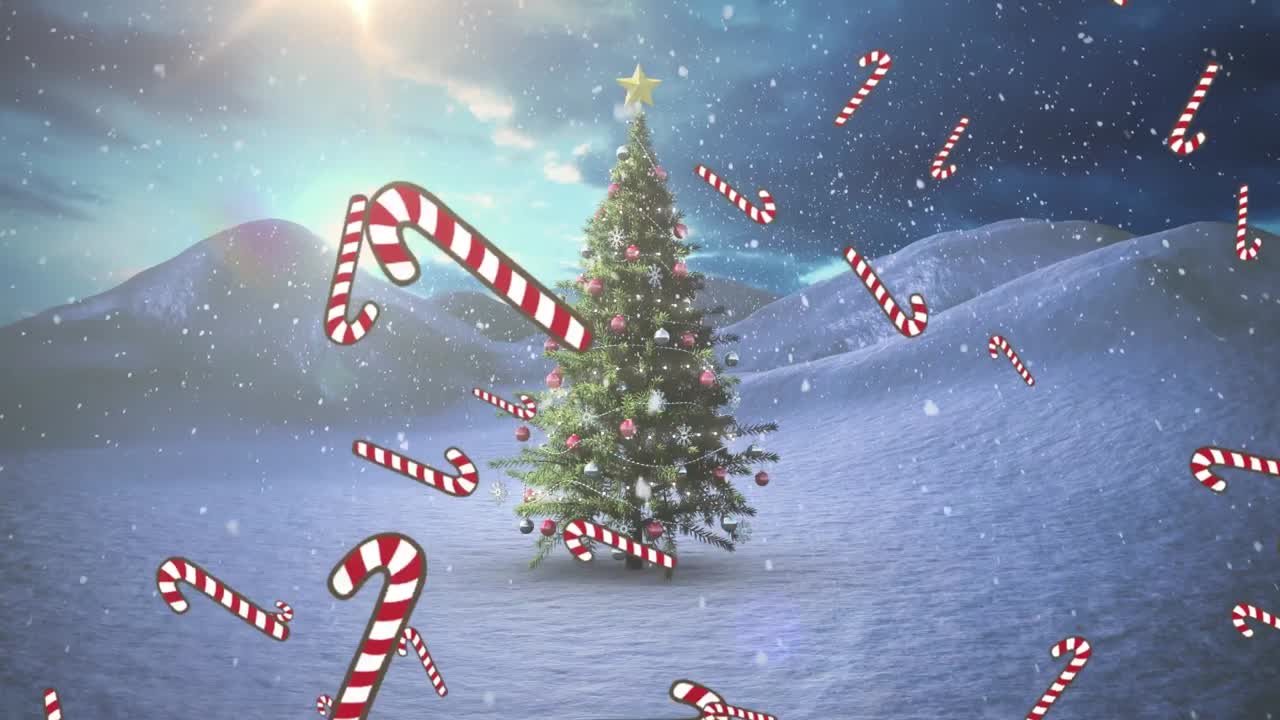 Animation of snow falling and candy canes over chritmas tree on winter landscape