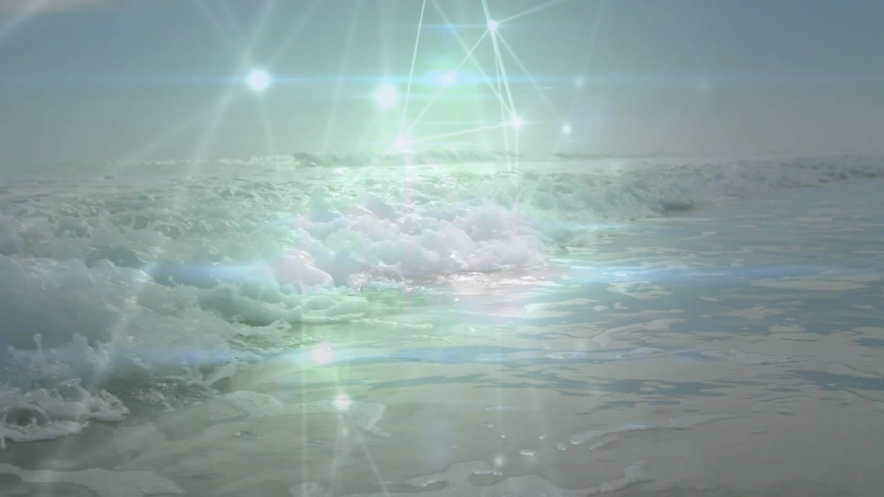 Camera closing in, surf rising while network overlay pulsing with sunlight flares for tech demo