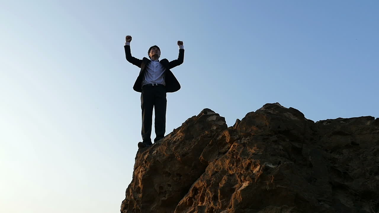 Businessman standing on top of a mountain