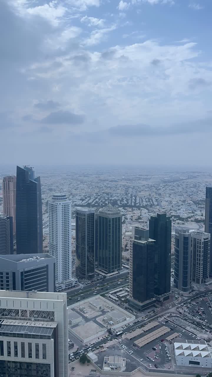 Experience a breathtaking view over Abu Dhabi's skyline with this vertical drone video. Clear skies, elegant skyscrapers, and dynamic composition highlight urban beauty in aerial footage