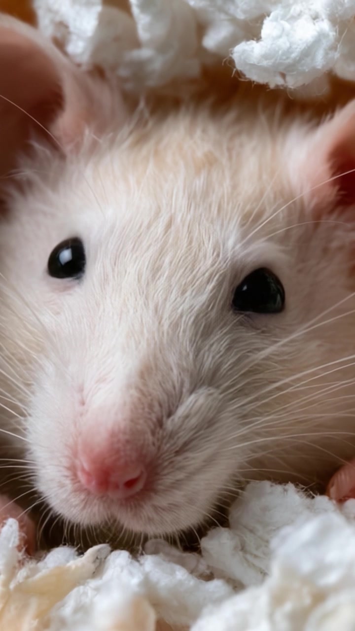 Primo piano di un adorabile ratto domestico bianco annidato tra morbida lettiera, che mostra le sue caratteristiche accattivanti e la curiosità in un ambiente accogliente.