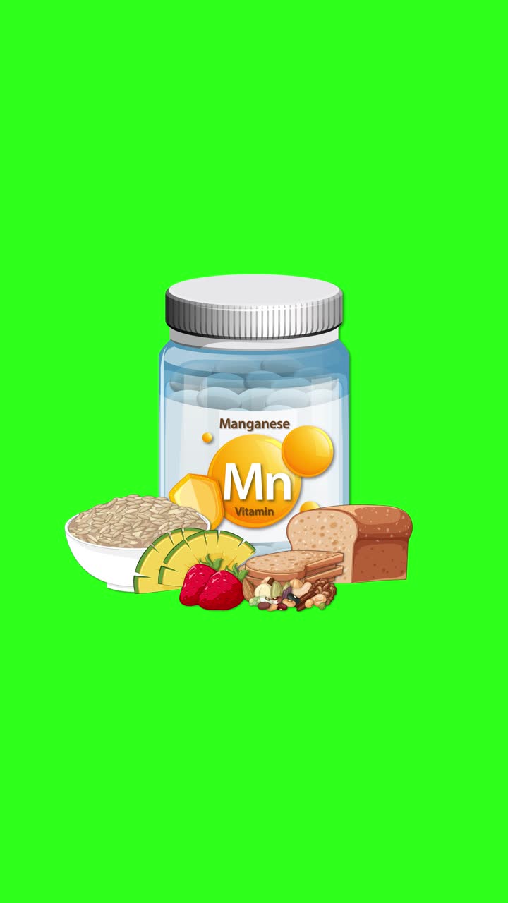 Manganese supplement bottle appears with grains, bread, nuts, and fruit on vibrant green background