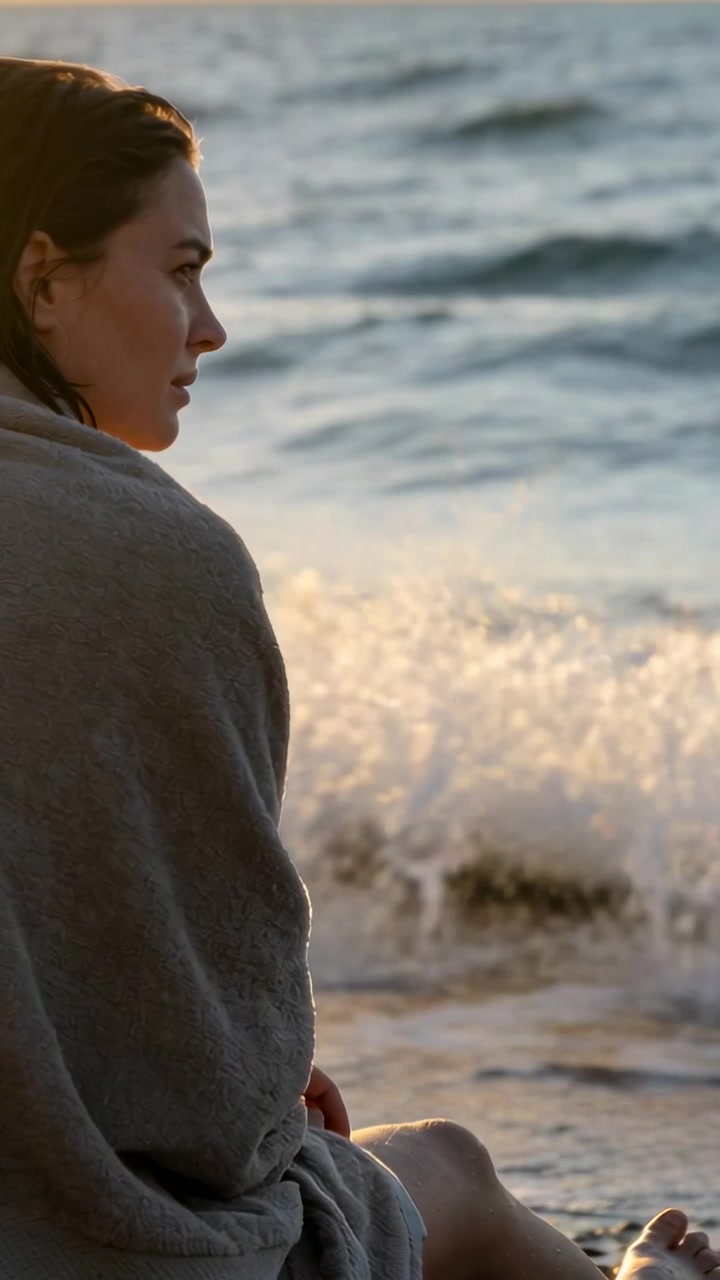 Video vertical: Mujer sentada envuelta en una toalla mirando el mar mientras la marea sube trayendo espuma a sus pies.