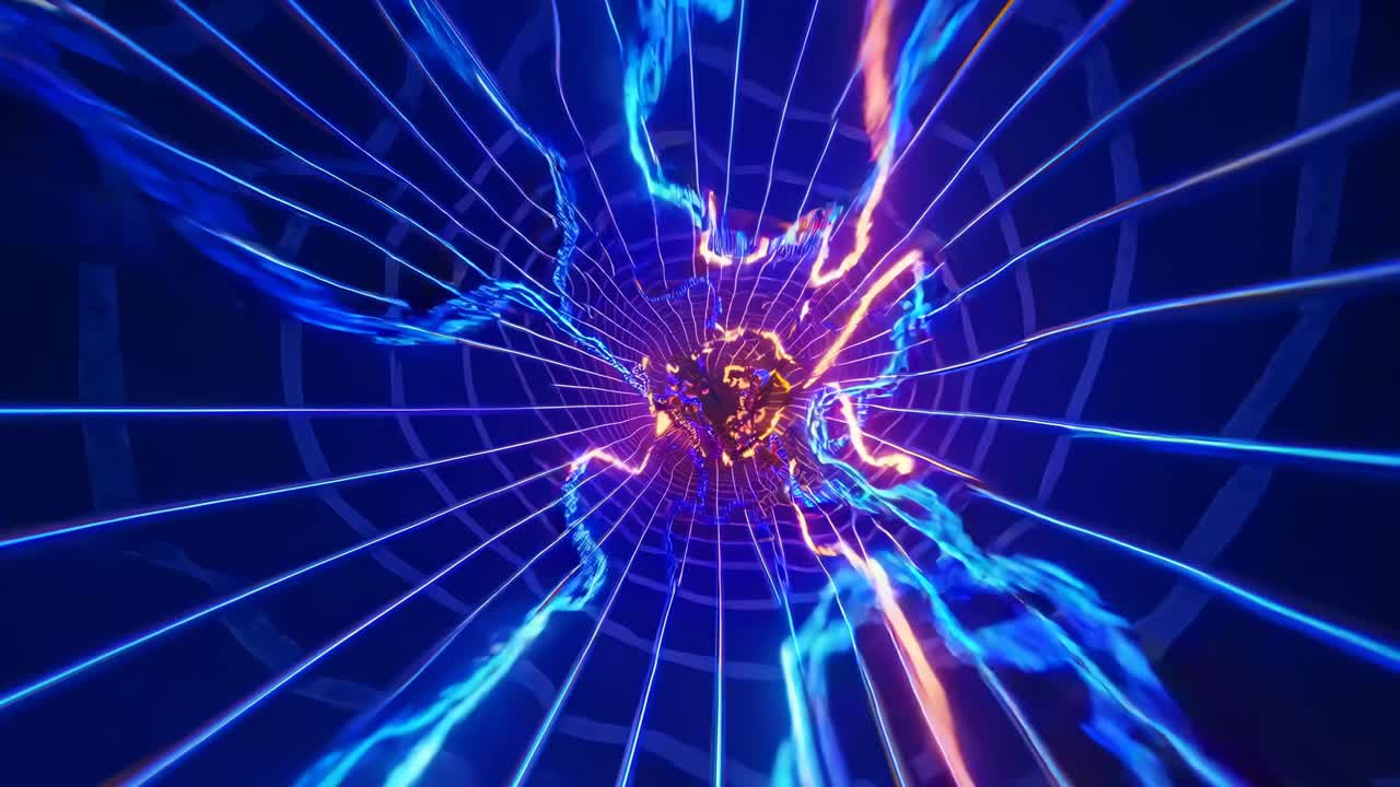 Dynamic video concept with a wormhole effect, featuring neon blue and orange lines