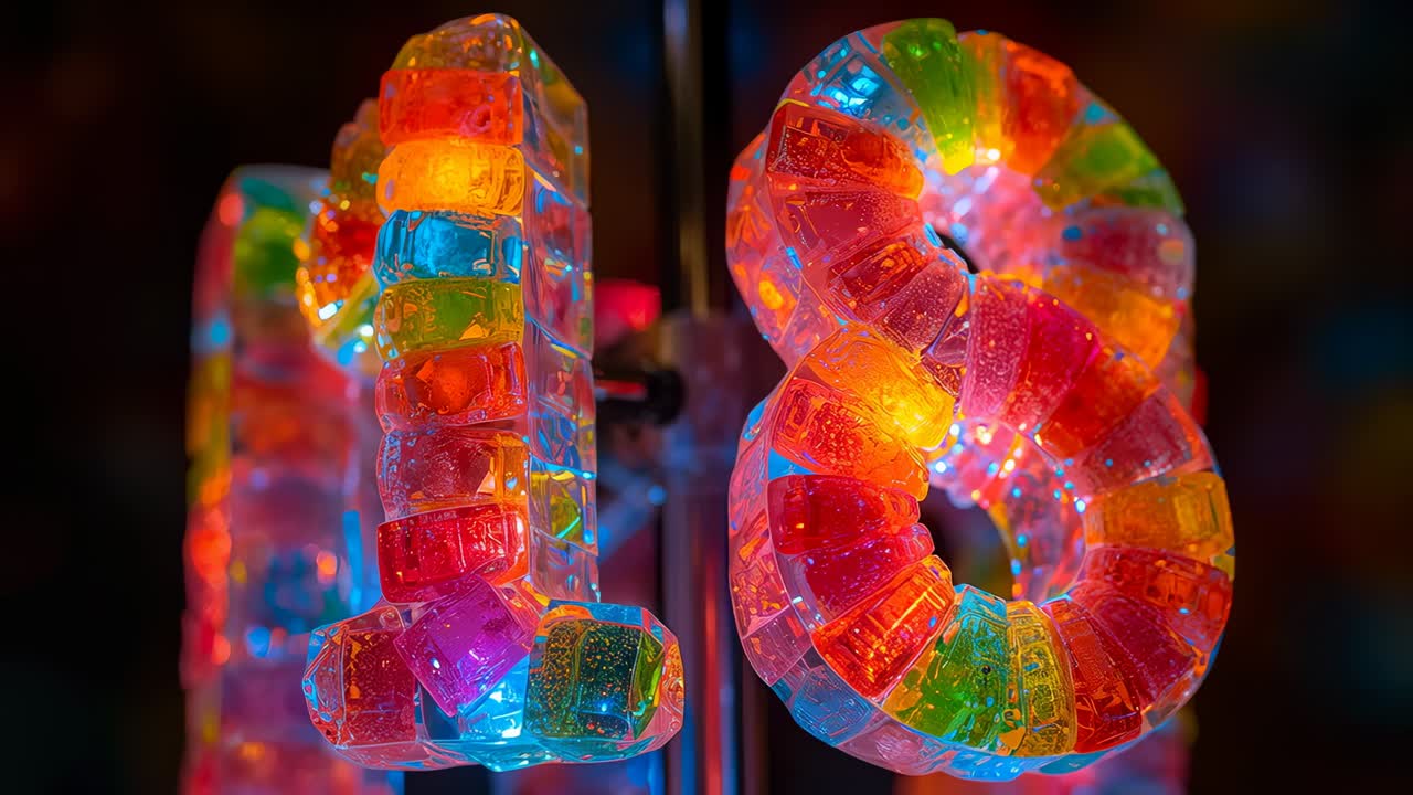 Moving camera revealing gummy digits 1 and 8 in display area, support showing, LEDs boosting color