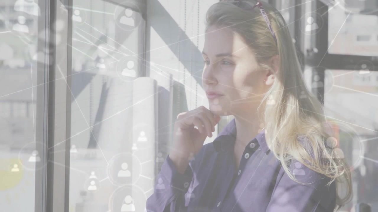 Thoughtful Businesswoman Looking Through Office Window with Digital Network Overlay