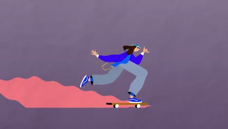 dibujos animados de un hombre montando en patineta con un sendero rosa detrás