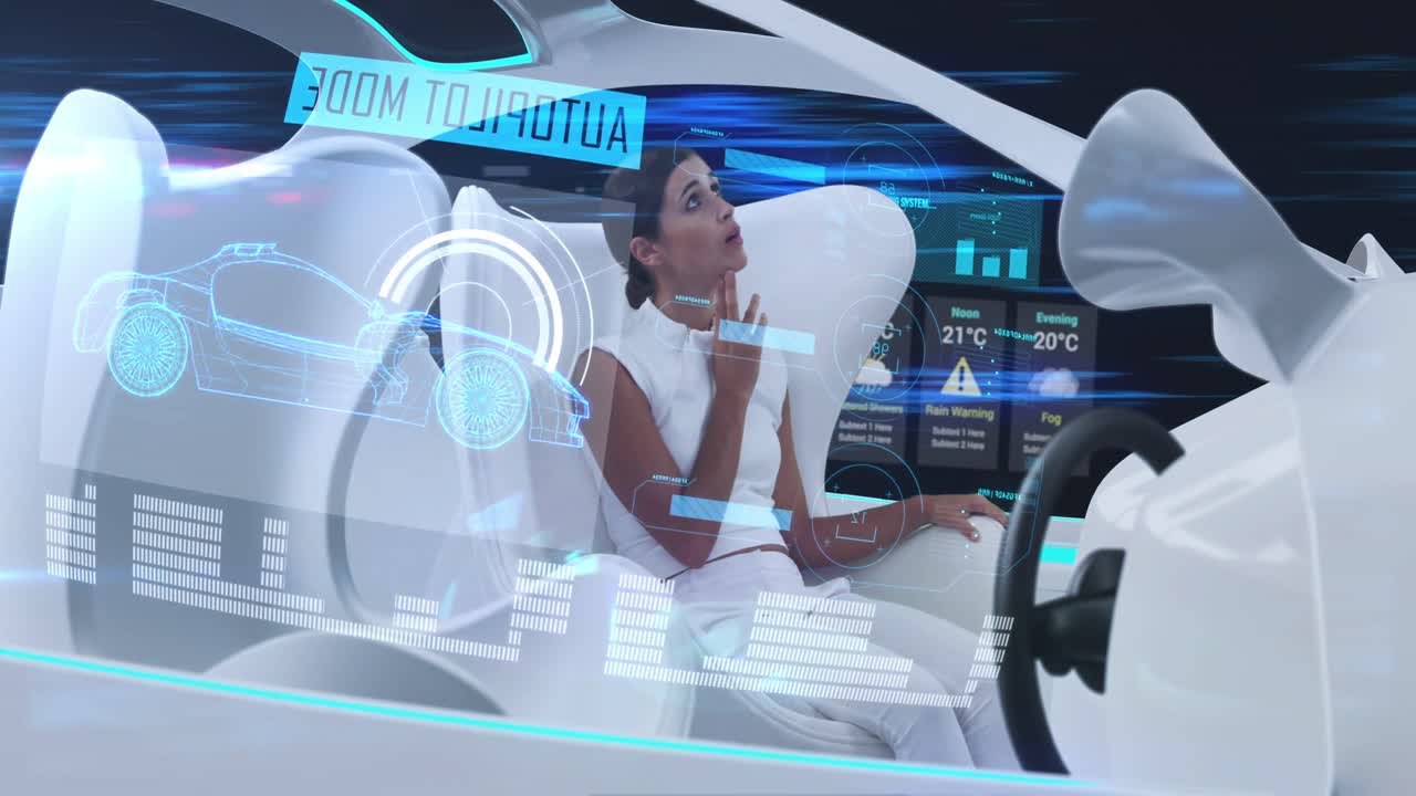 시내를 가로지르는 자동 조종기 모드에서  ⁇  인테리어가 있는 자동차에서 디지털 태블릿을 사용하는 여성