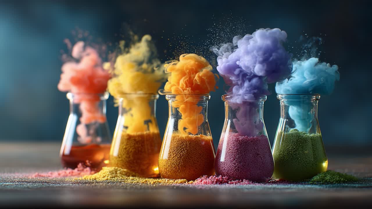 Colorful Chemical Reactions: A Vivid Display of Vibrant Smoke and Granules Rising from Beakers in a Captivating Experiment