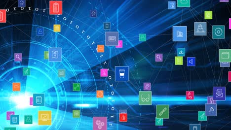 animación de la red de conexiones con iconos digitales sobre el escaneo de alcance en segundo plano