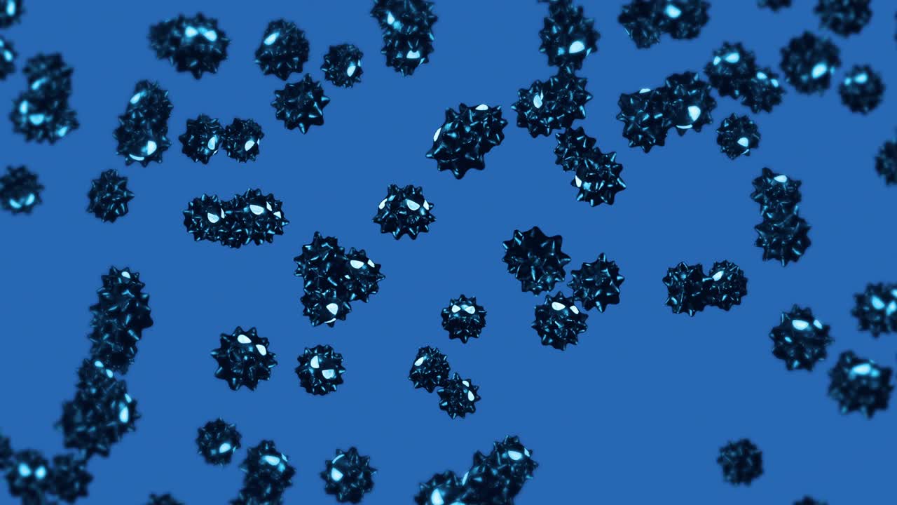 파란색 배경의 만화 캐릭터에서 많은 바이러스를 날아다니는. 의학 개념. 화를 내는 재미있는 검은 바이러스 마스코트. 3d 루프 애니메이션.