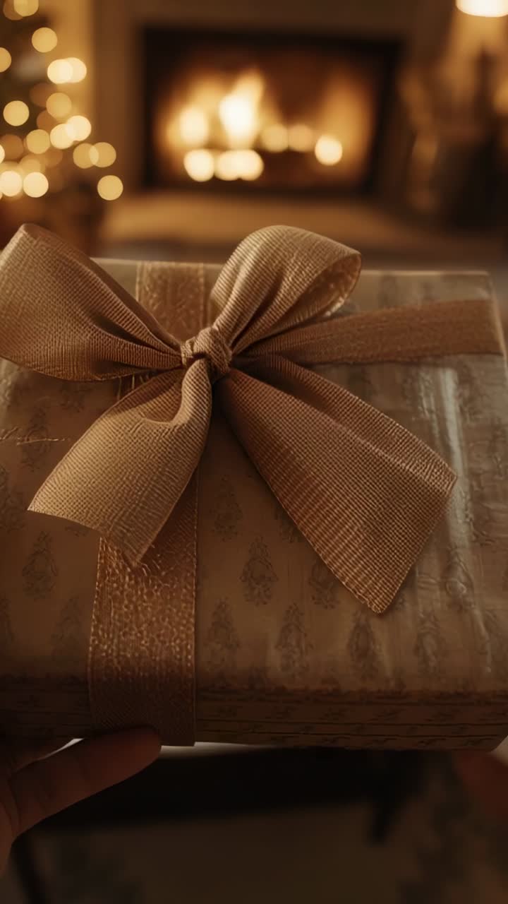 Vertical video: Opening shot tilting showing hand holding gift box with bow at home, tree and fire