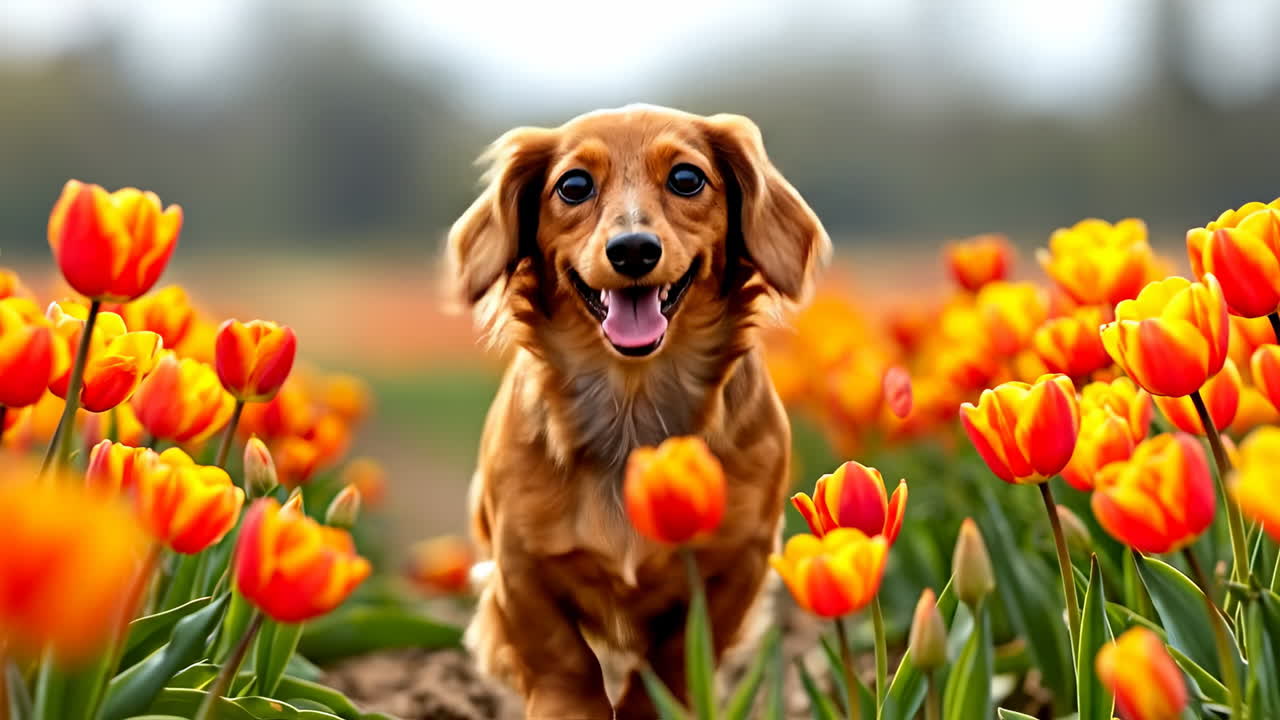 Cachorro feliz correndo por um campo de tulipas. Um cachorro alegre corre feliz entre as tulipas vibrantes em um campo florido ensolarado durante a primavera
