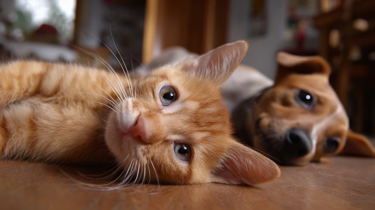 Adorabile primo piano di un gatto rosso giocherellone e un cane curioso che si rilassano insieme sul pavimento, catturando il loro affettuoso legame e lo spirito giocoso