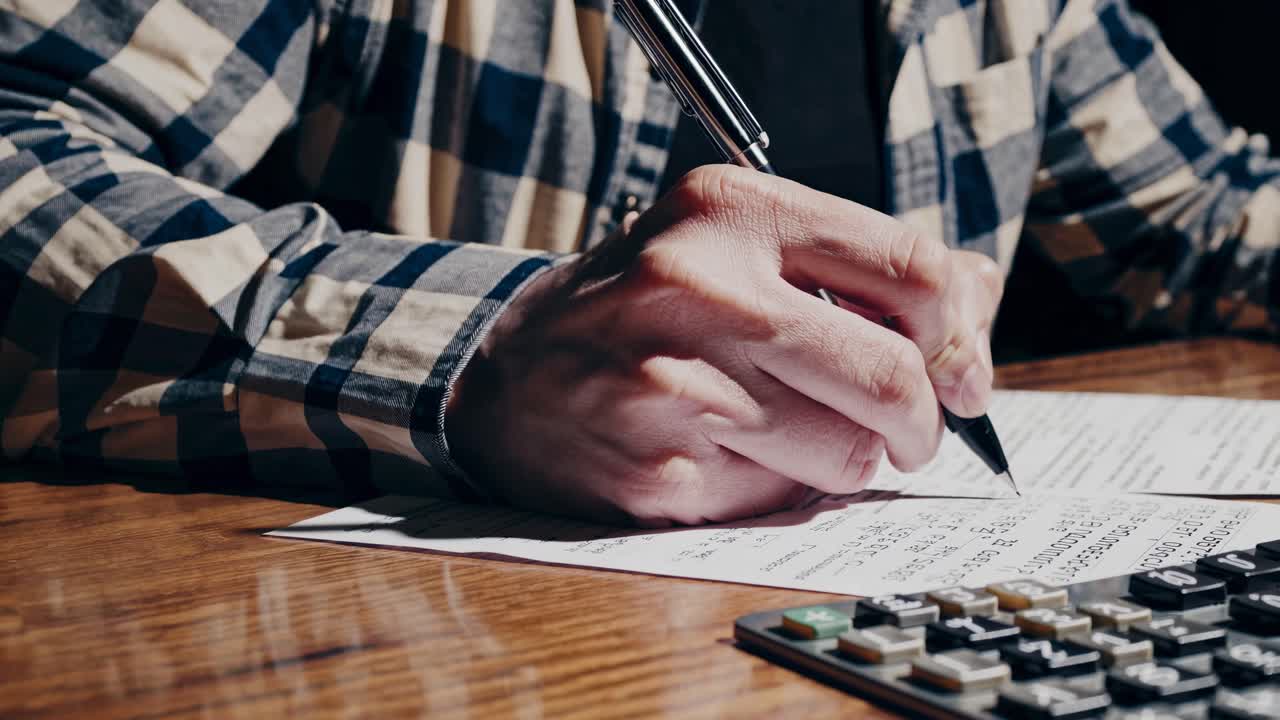 Close-up, angled shot of a person writing on paper with a pen, calculator nearby, evoking a study