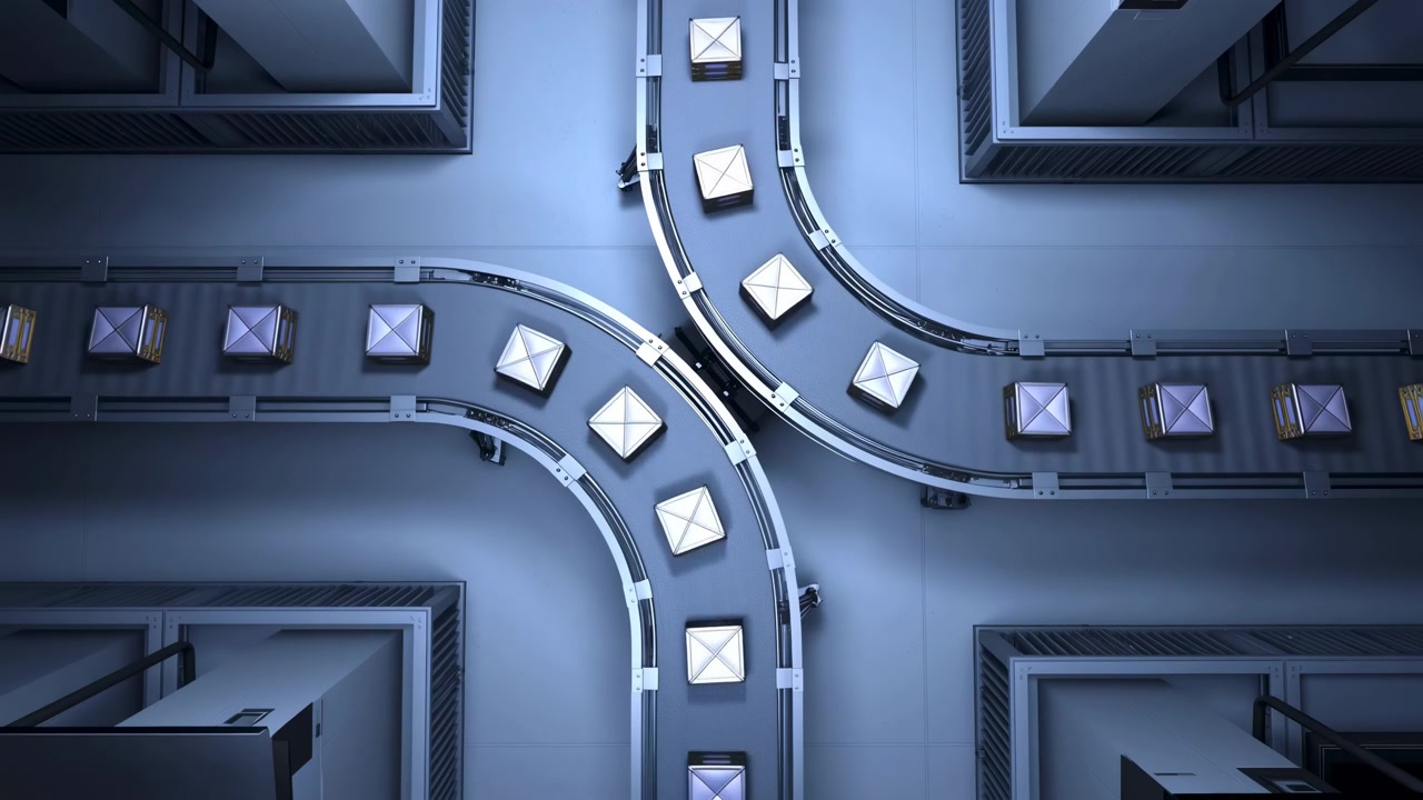 White square parcels advance along intersecting conveyor lanes, following smooth bends through a symmetrical blue-gray facility layout with metallic rails and soft cool lighting.