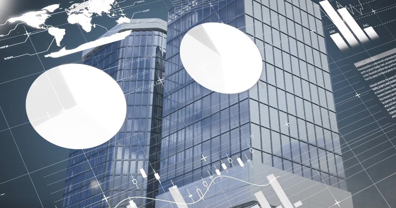 Animation der Finanzdatenverarbeitung über Stadtlandschaft