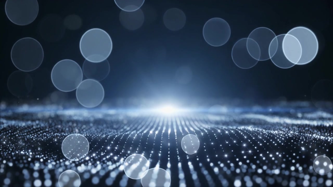 Abstract Digital Wave of Glowing Blue Particles and Bokeh Lights