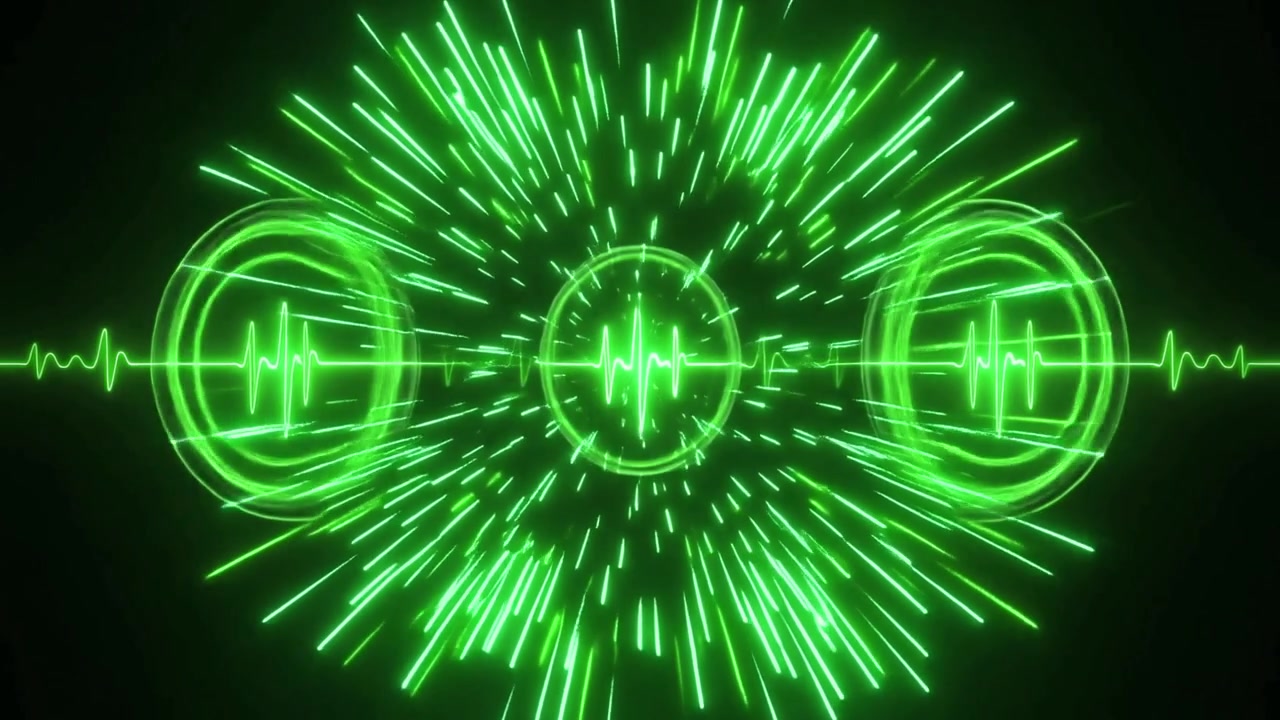 Grønn neon lydbølgeform visualisering med radialt lysutbrudd