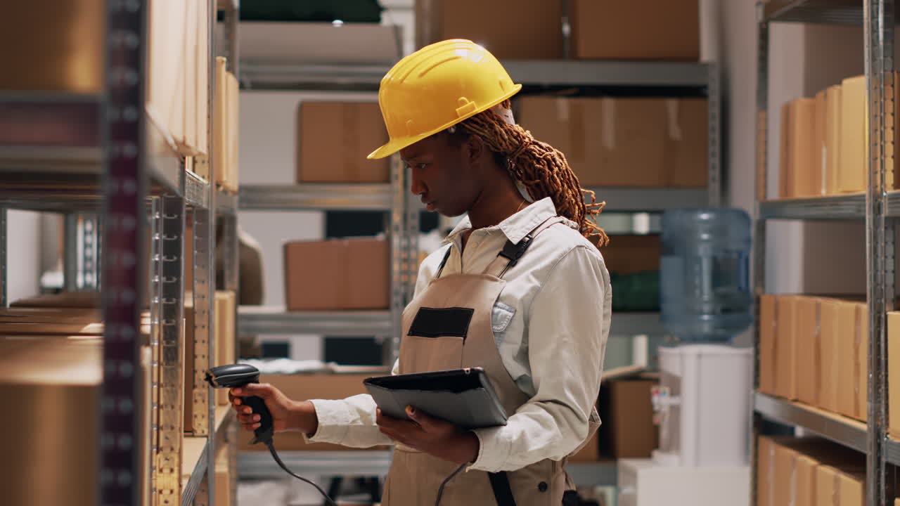 Warehouse worker checking inventory with tablet and barcode scanner