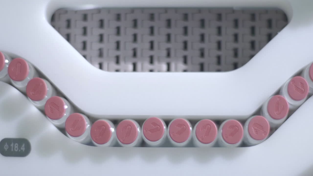A Lot Of Empty Glass Vials Jars With Pink Lids For Drugs Are Moving Along The Processing Line At A Factory