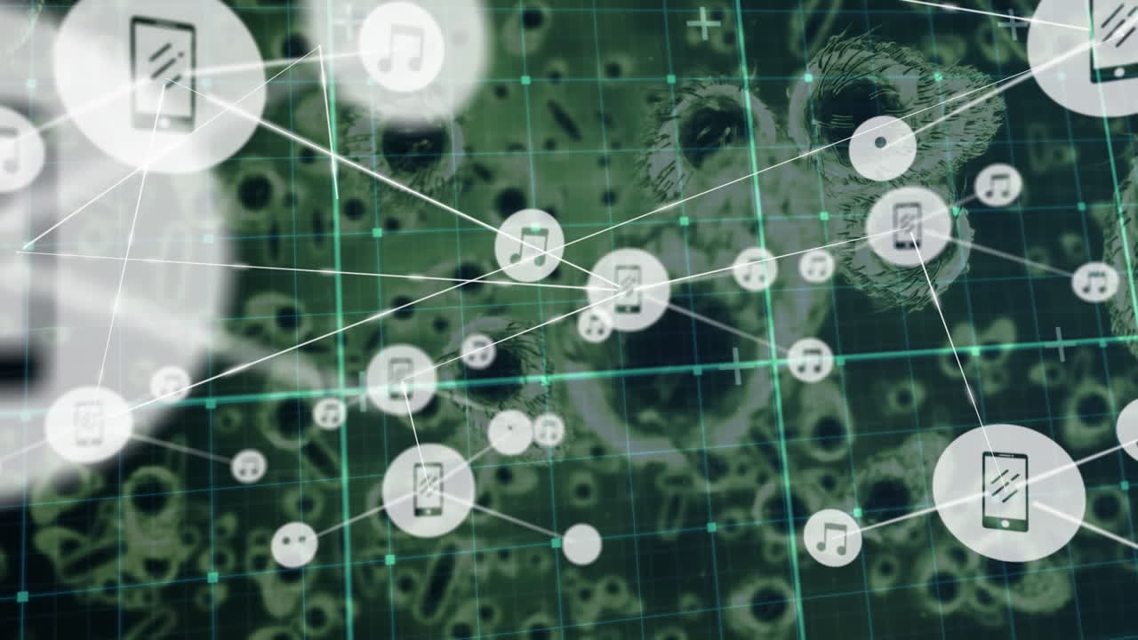 red de iconos digitales sobre red de rejilla contra múltiples células de covid-19 en fondo verde