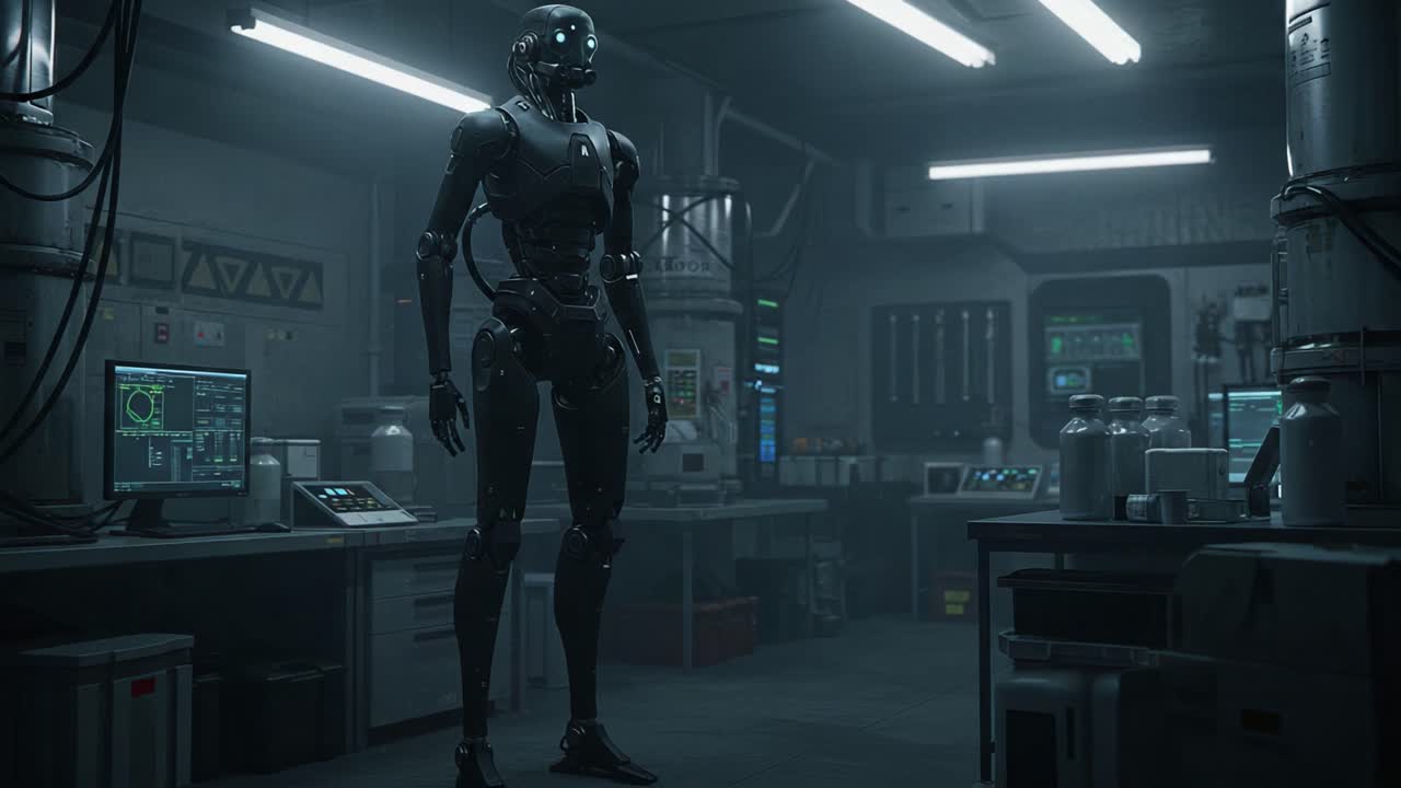 A futuristic humanoid robot stands in a high-tech laboratory filled with advanced equipment and glowing screens, showcasing a blend of technology and artificial intelligence