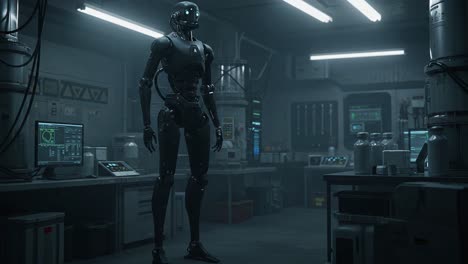 a futuristic humanoid robot stands in a high-tech laboratory filled with advanced equipment and glowing screens, showcasing a blend of technology and artificial intelligence